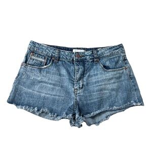 BP Button Fly Denim Jeans Shorts High Rise Distressed Sz 28” Waist Medium Wash